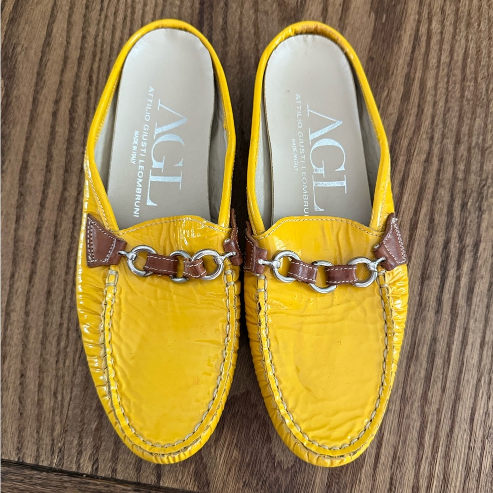 AGL Yellow Patent Leather Loafers with Brown Trim and Horsebit